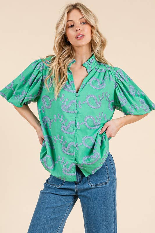 Plus Paisley Embroidered Button-Up Blouse, MT51230PL