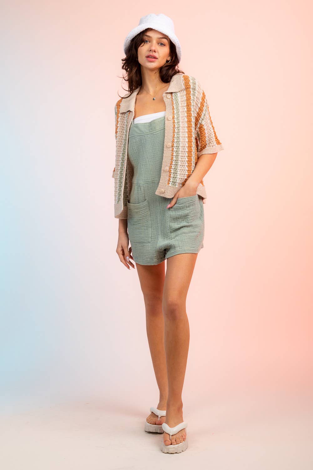 12W2678L-Multi-Stripe Buttoned Summer Sweater
