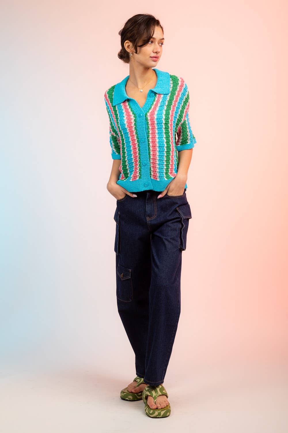 12W2678L-Multi-Stripe Buttoned Summer Sweater