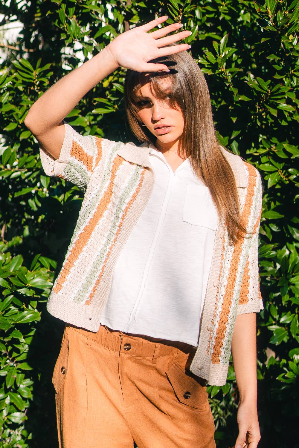 12W2678L-Multi-Stripe Buttoned Summer Sweater