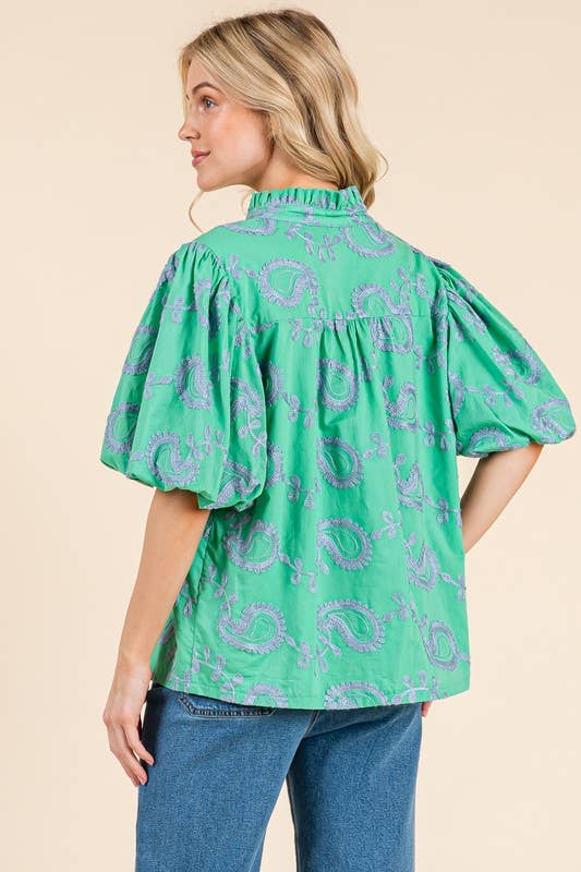 Plus Paisley Embroidered Button-Up Blouse, MT51230PL