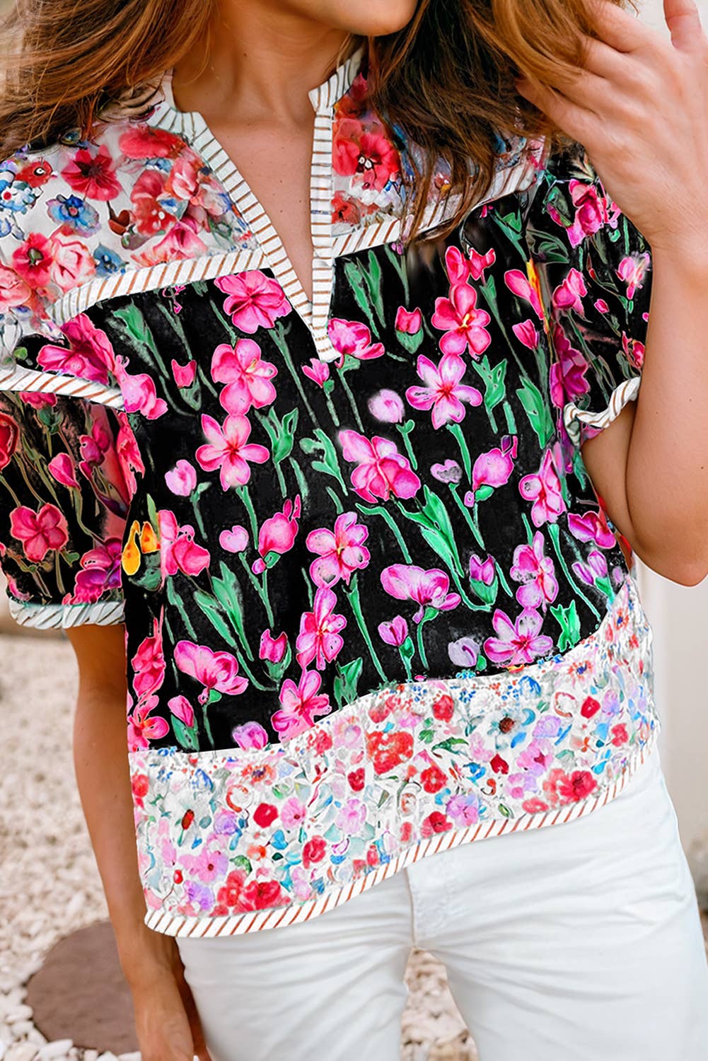 LDC Floral Print Striped Detail Split Neck Blouse