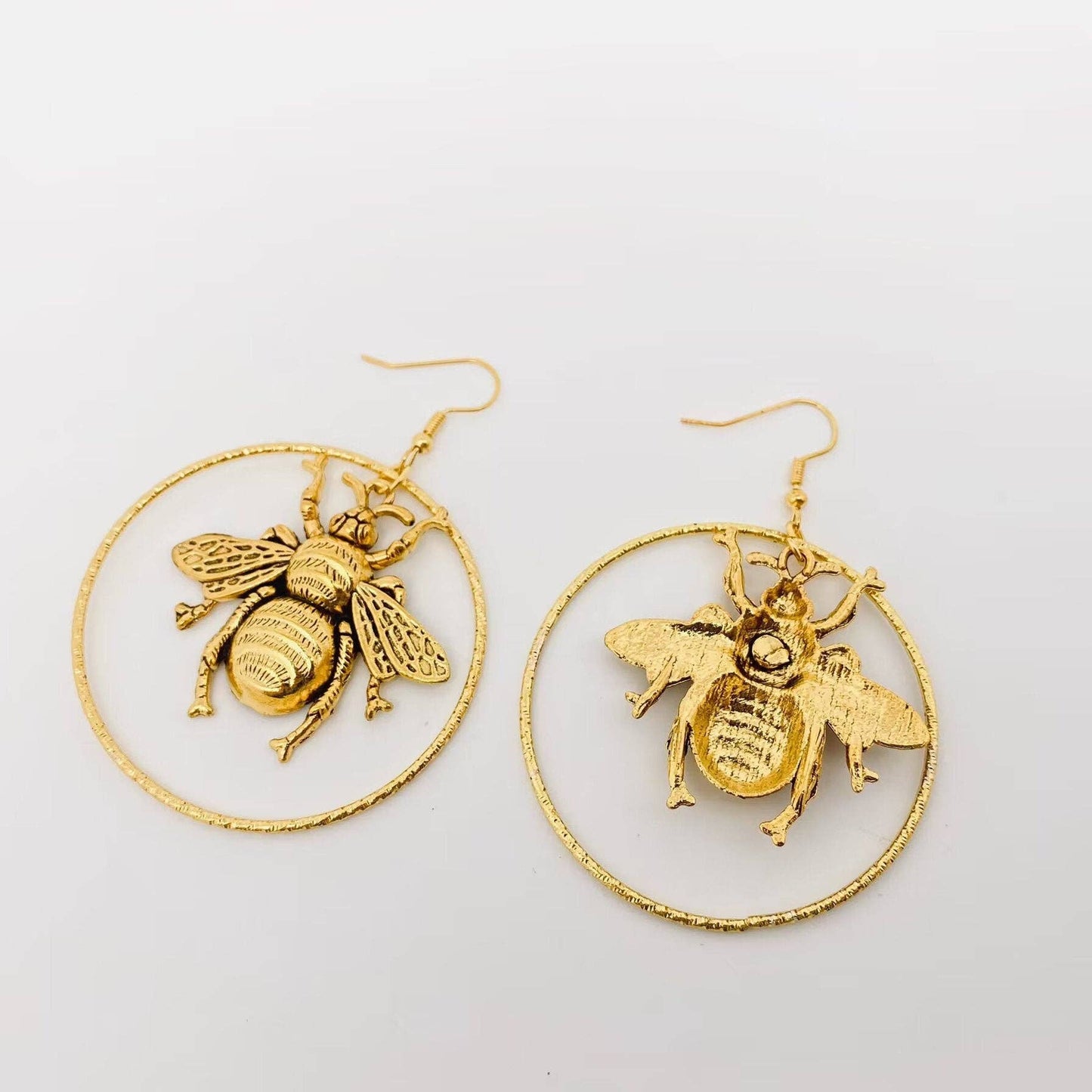 Golden Big Bee and Ring Pendant Earrings