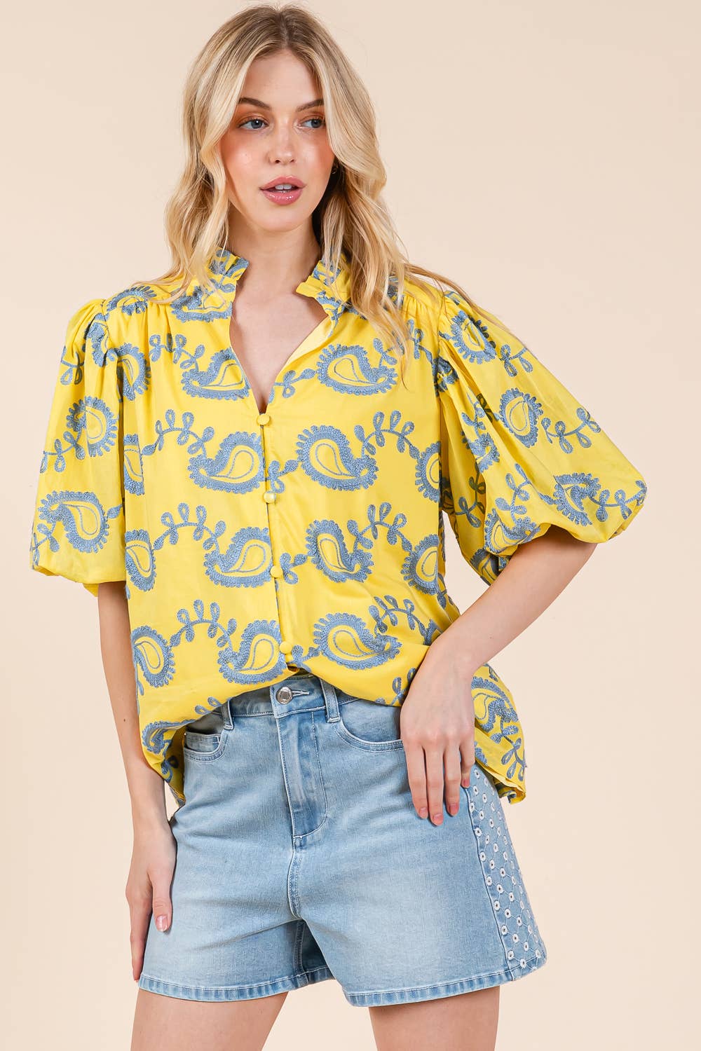 Plus Paisley Embroidered Button-Up Blouse, MT51230PL