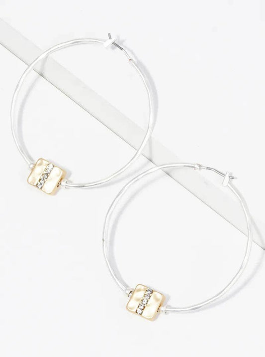 45mm Textured Metal Crystal Pave Square Accent Hinged Hoop Earrings