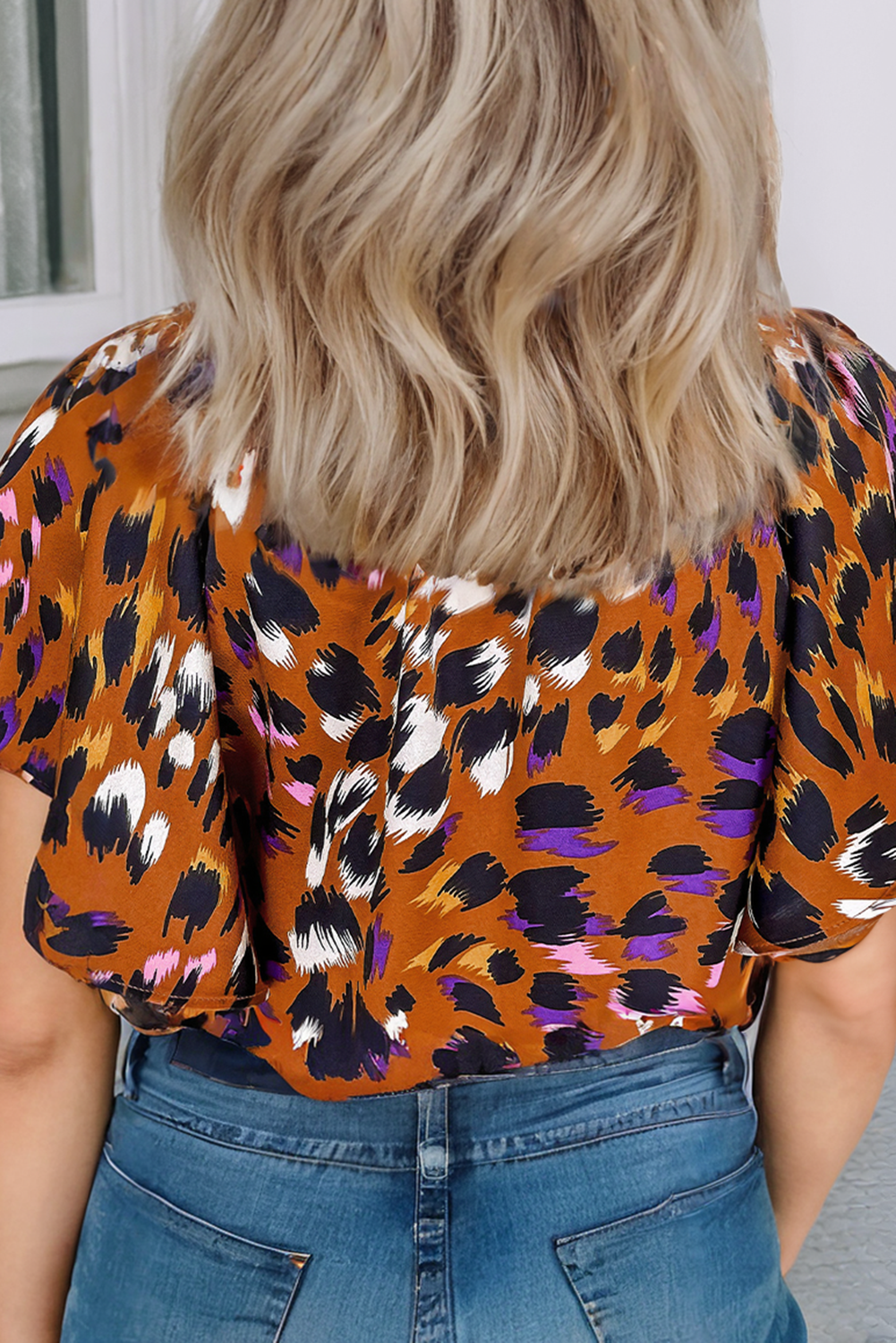 LDC Leopard Printed Draped Short Sleeve Slit V Neck Blouse