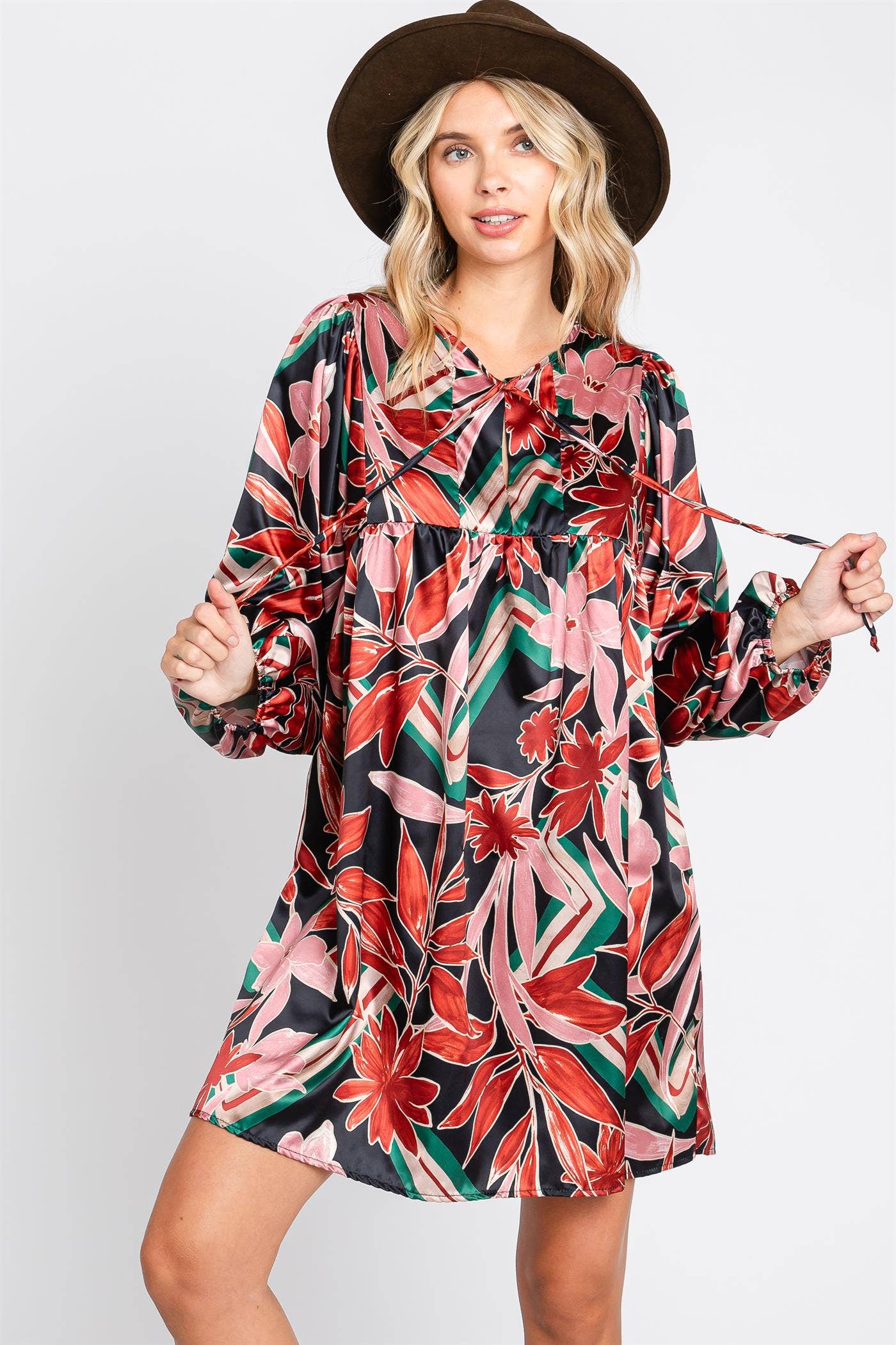 Floral Satin Babydoll Mini Dress, WD61032