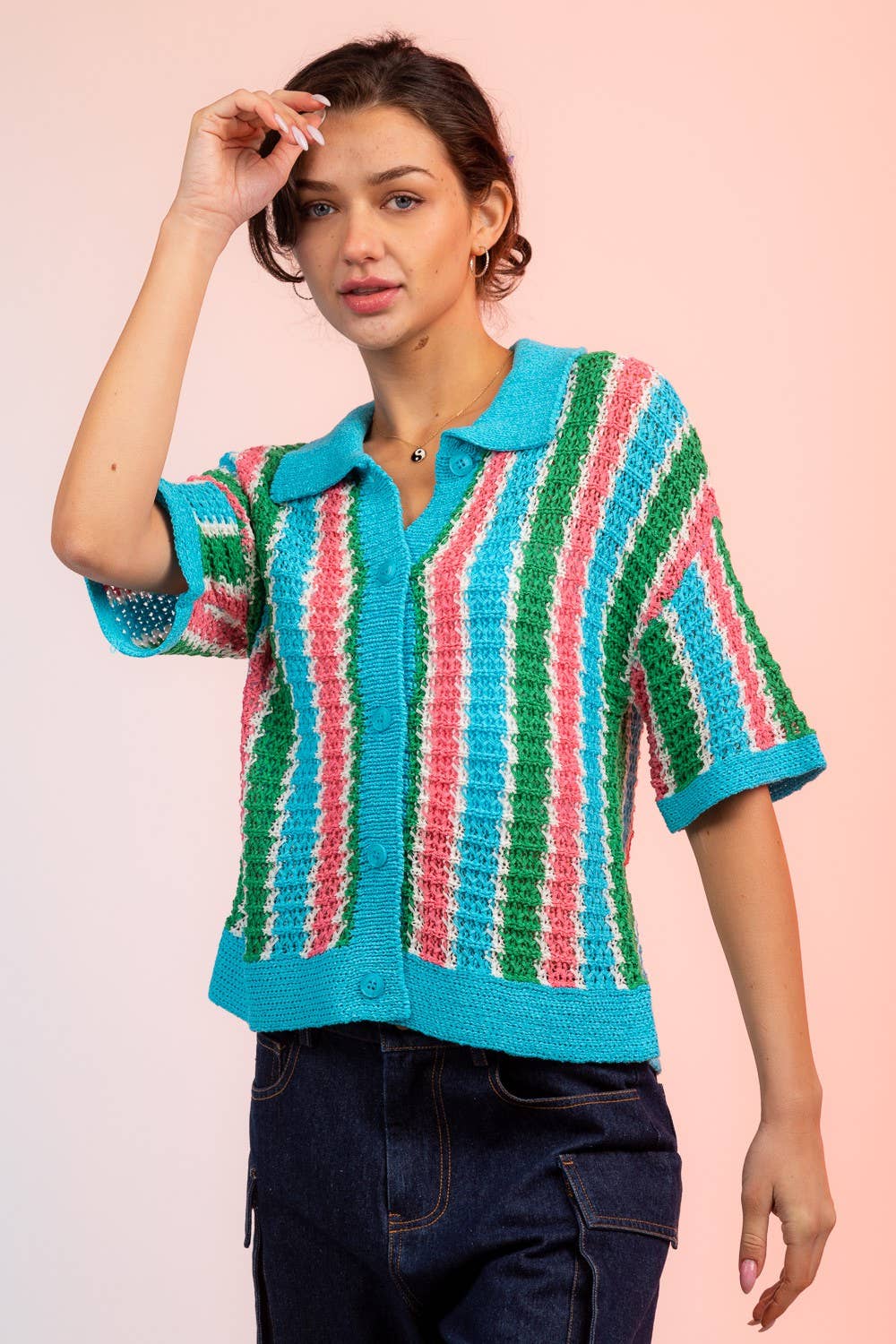 12W2678L-Multi-Stripe Buttoned Summer Sweater