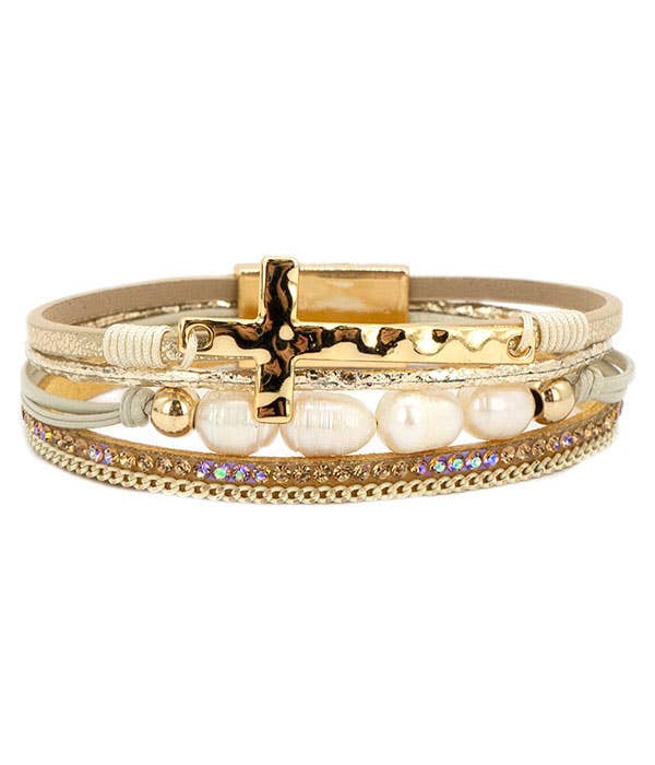 ( A283 ) CROSS AND PEARL LEATHERETTE MAGNETIC BRACELET