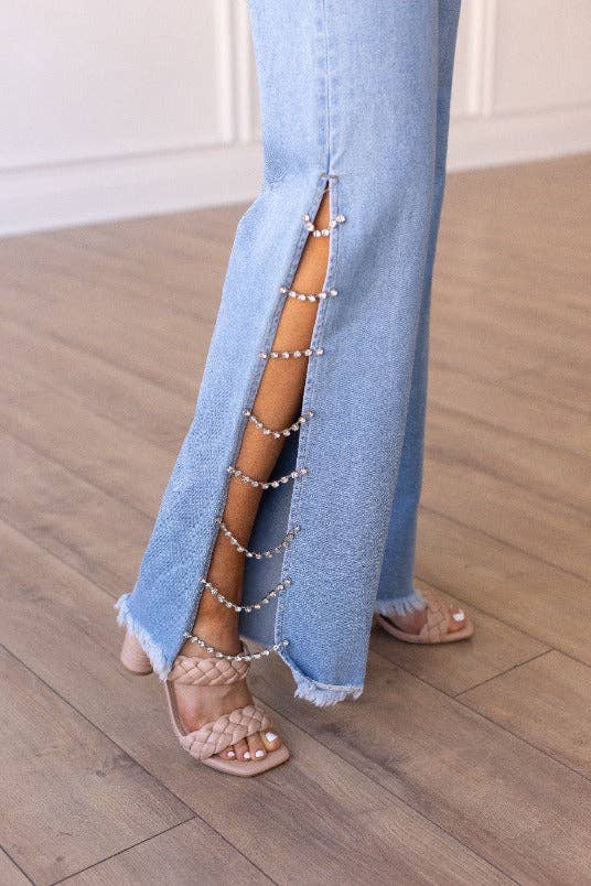 Light Wash Jeans with Crystal Chain Detail