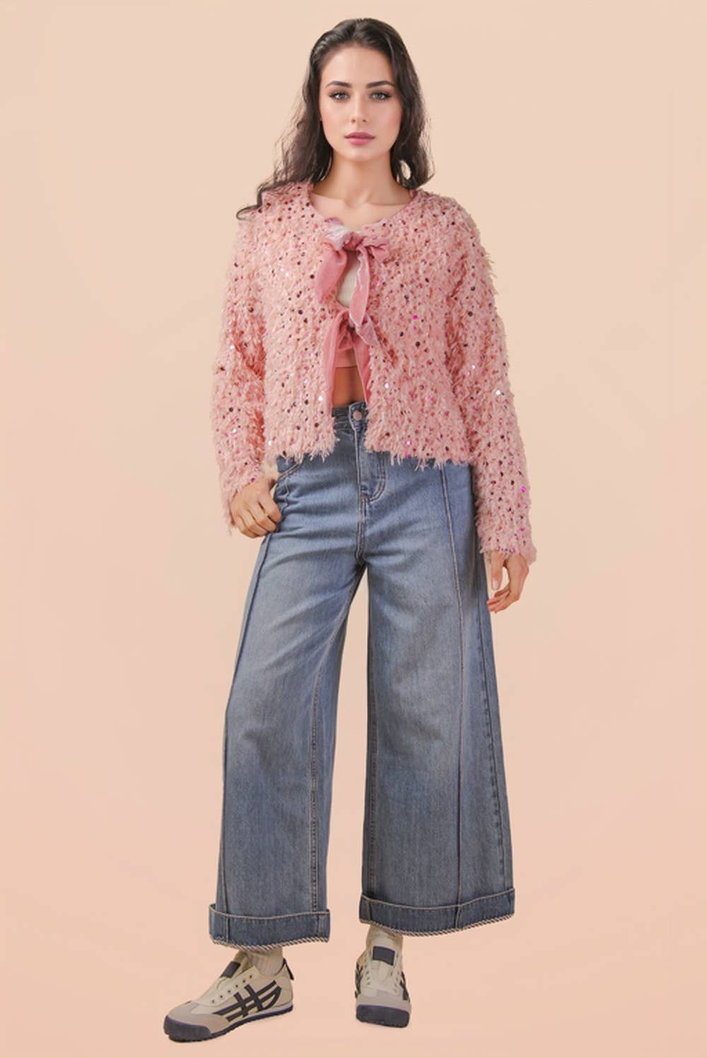 NJ90462-Sequin Textured Holiday Jacket W/ Front Tie