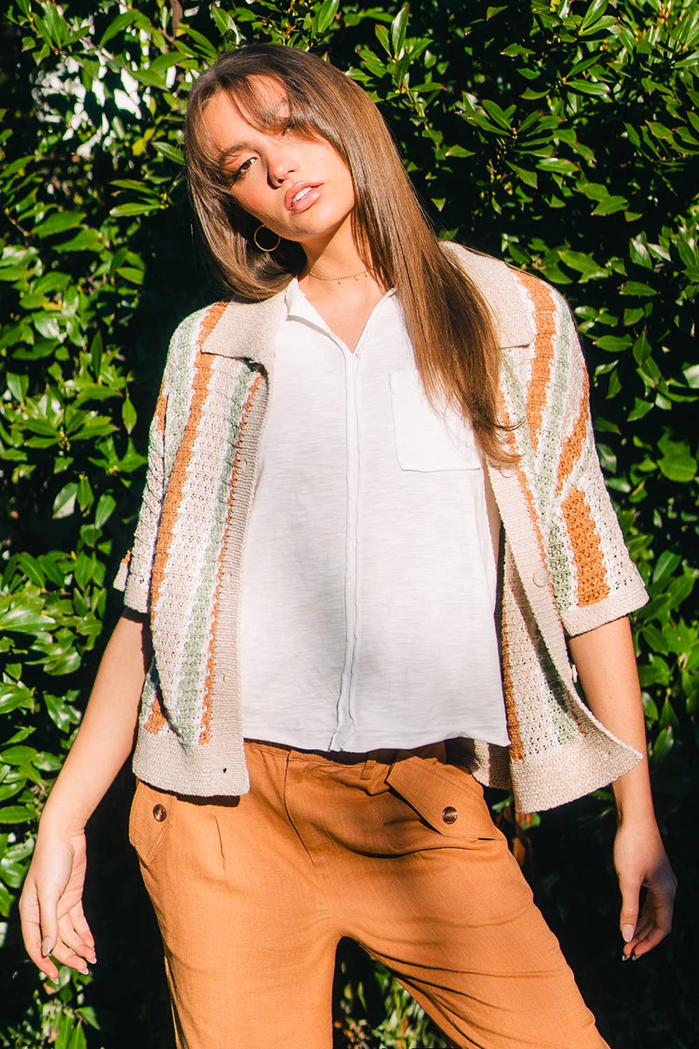 12W2678L-Multi-Stripe Buttoned Summer Sweater
