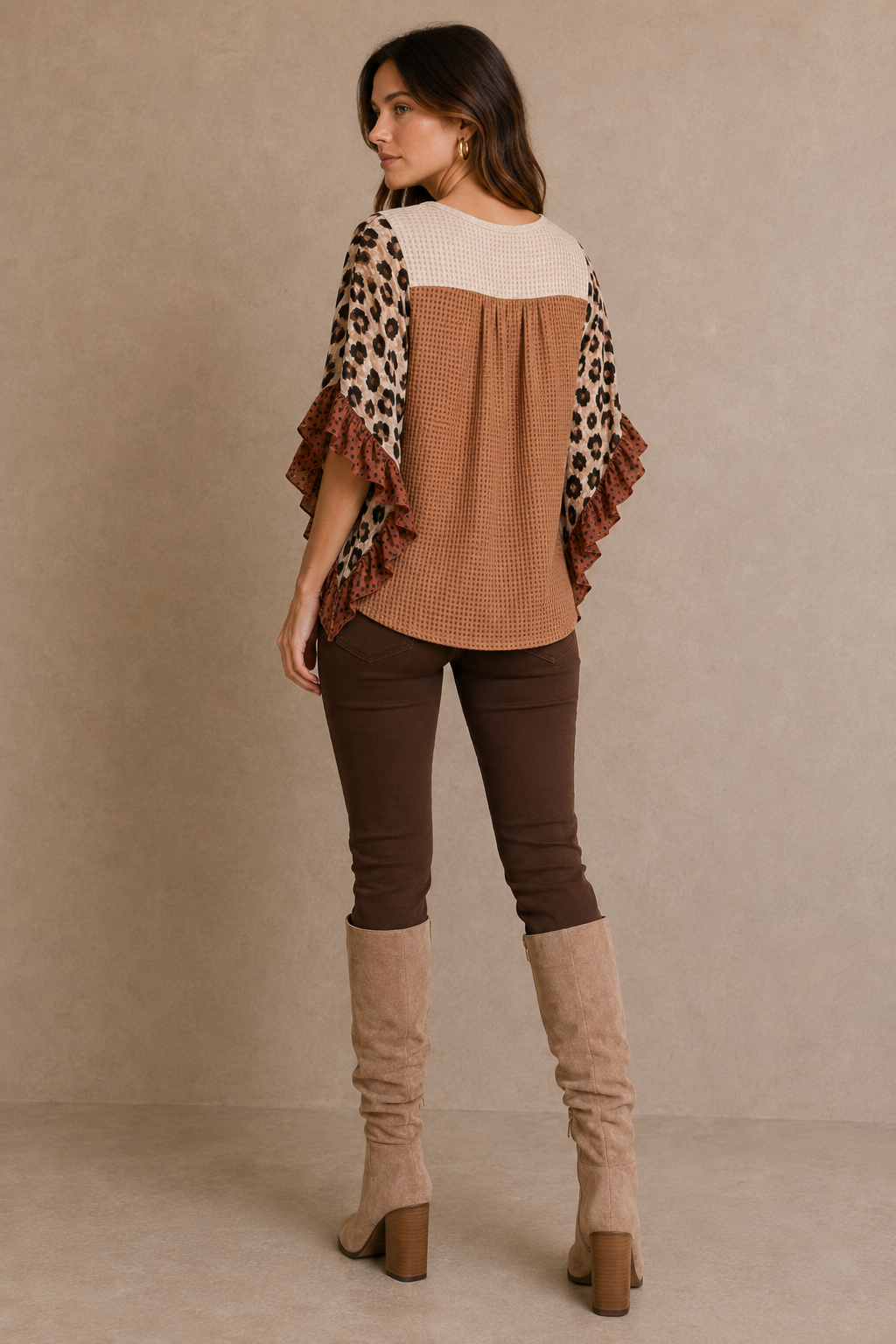 Mixed Media Animal Print Lurex Ruffle Flutter Sleeve Top