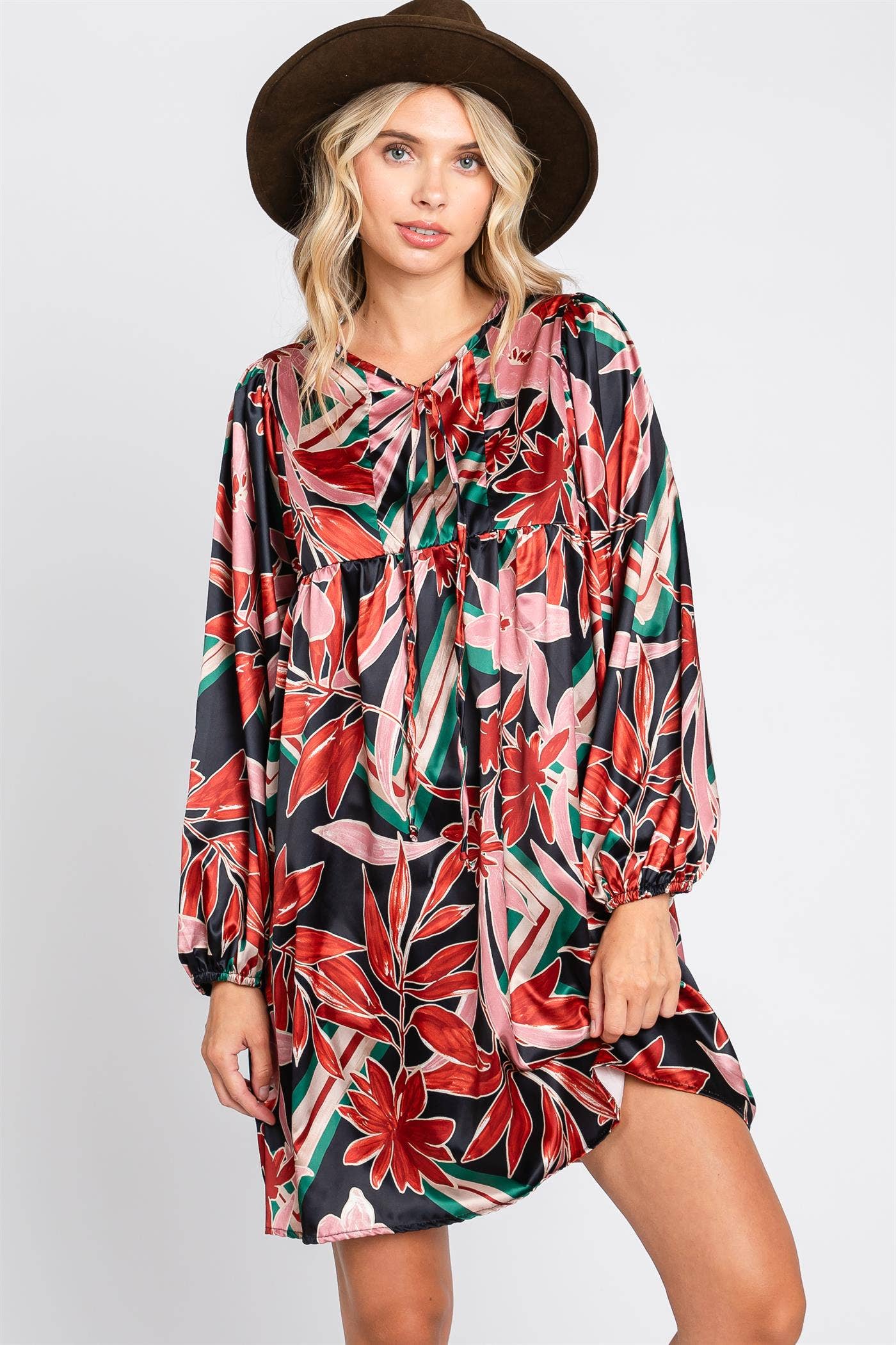 Floral Satin Babydoll Mini Dress, WD61032