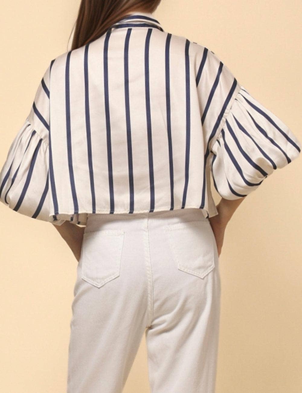 Ladies Lantern Sleeve Striped Short Shirt