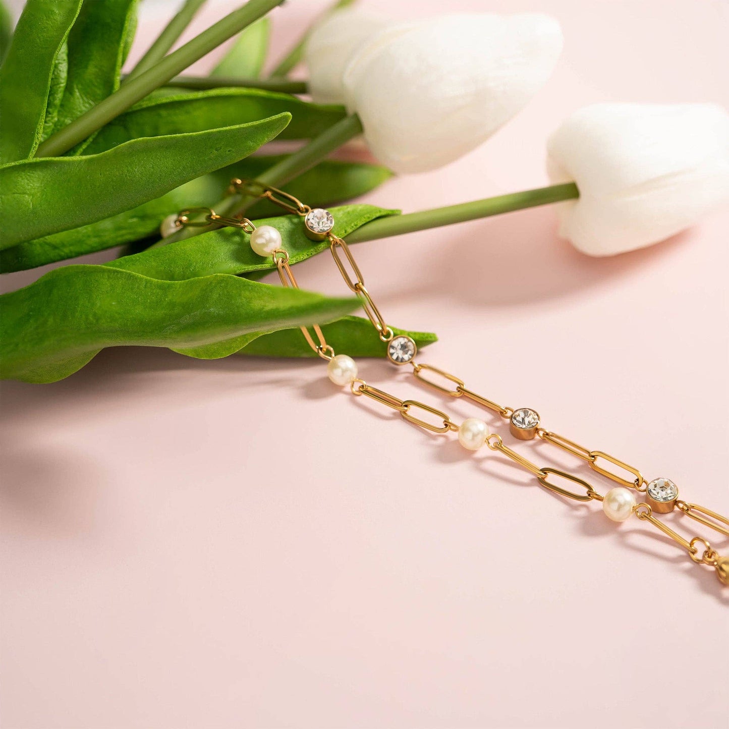 18K Gold PVD Station Stone Stone Paperclip Chain Bracelet