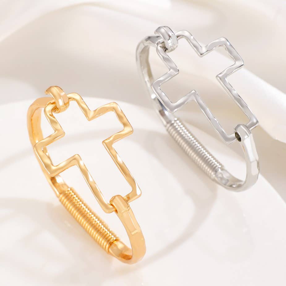 Hammered Open Cross Bangle - Silver or Gold | 40B5235