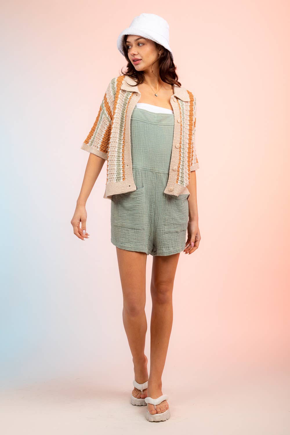 12W2678L-Multi-Stripe Buttoned Summer Sweater