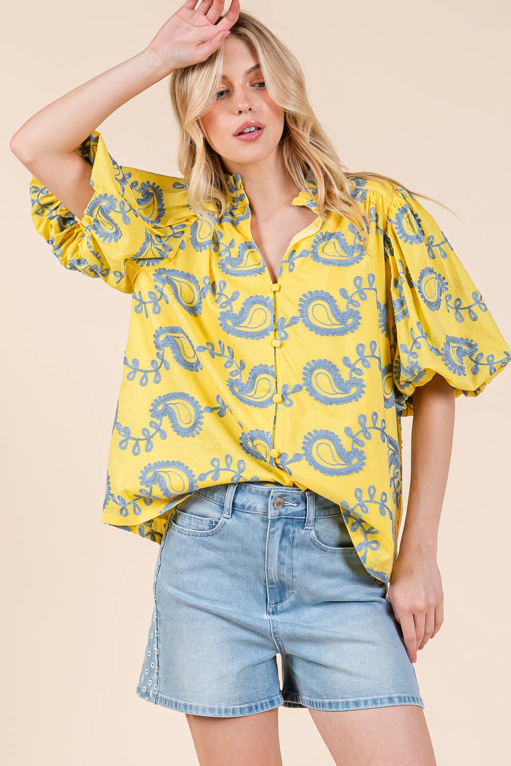 Plus Paisley Embroidered Button-Up Blouse, MT51230PL