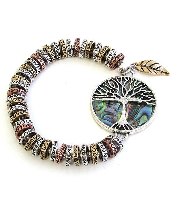 ( A732 ) ABALONE TREE OF LIFE METAL RING BRACELET