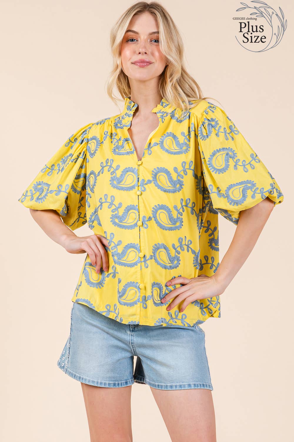 Plus Paisley Embroidered Button-Up Blouse, MT51230PL