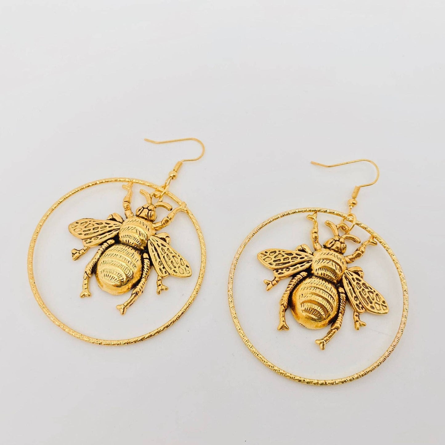 Golden Big Bee and Ring Pendant Earrings