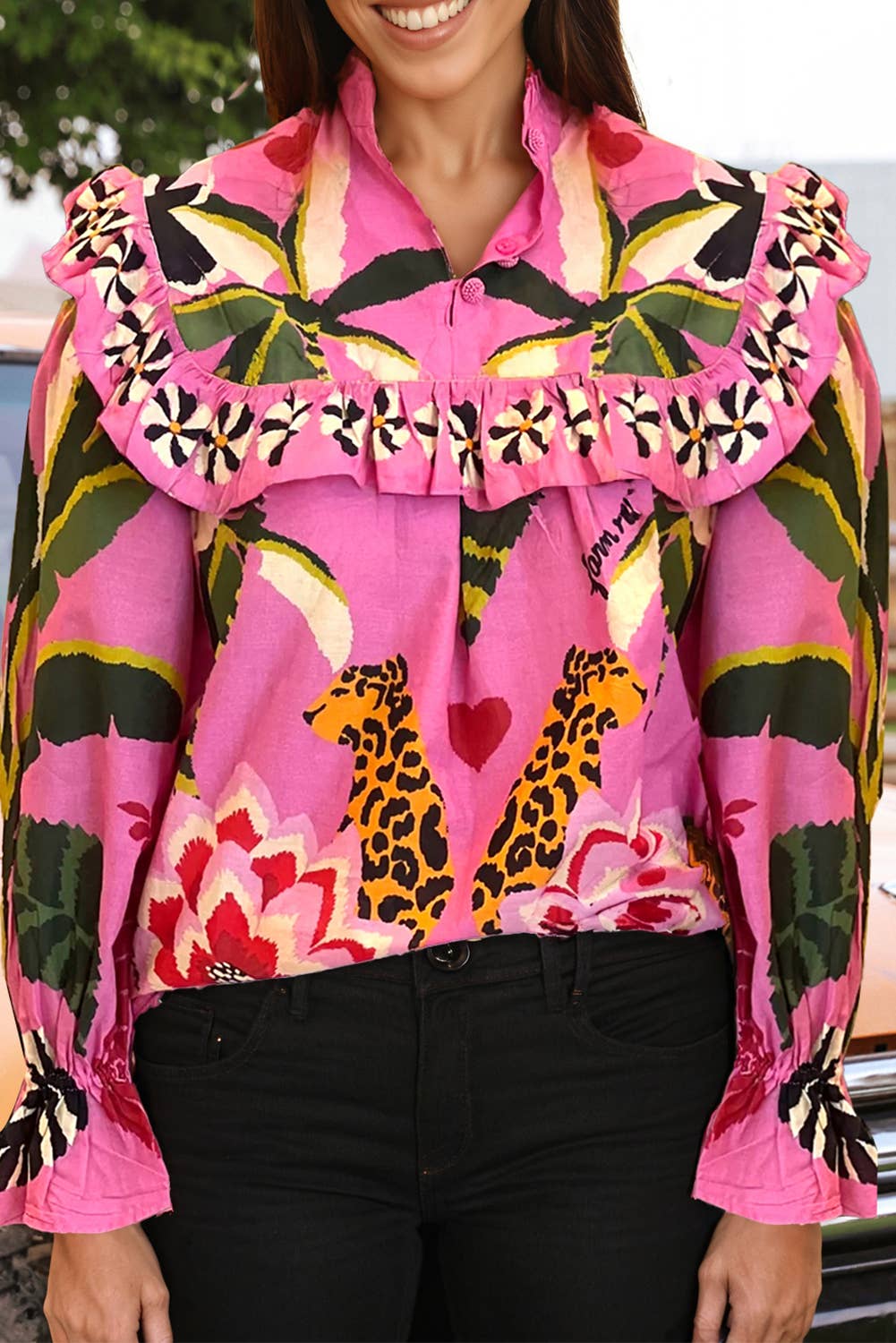 Fashion-W Boho Leopard Print Tropical Ruffle Blouse