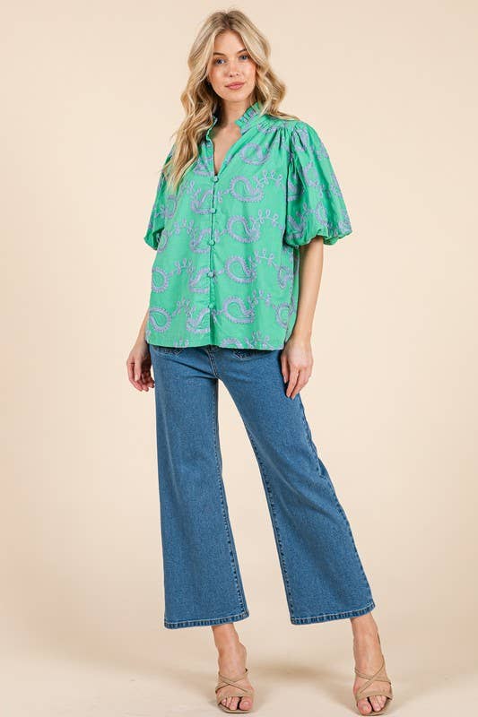 Plus Paisley Embroidered Button-Up Blouse, MT51230PL