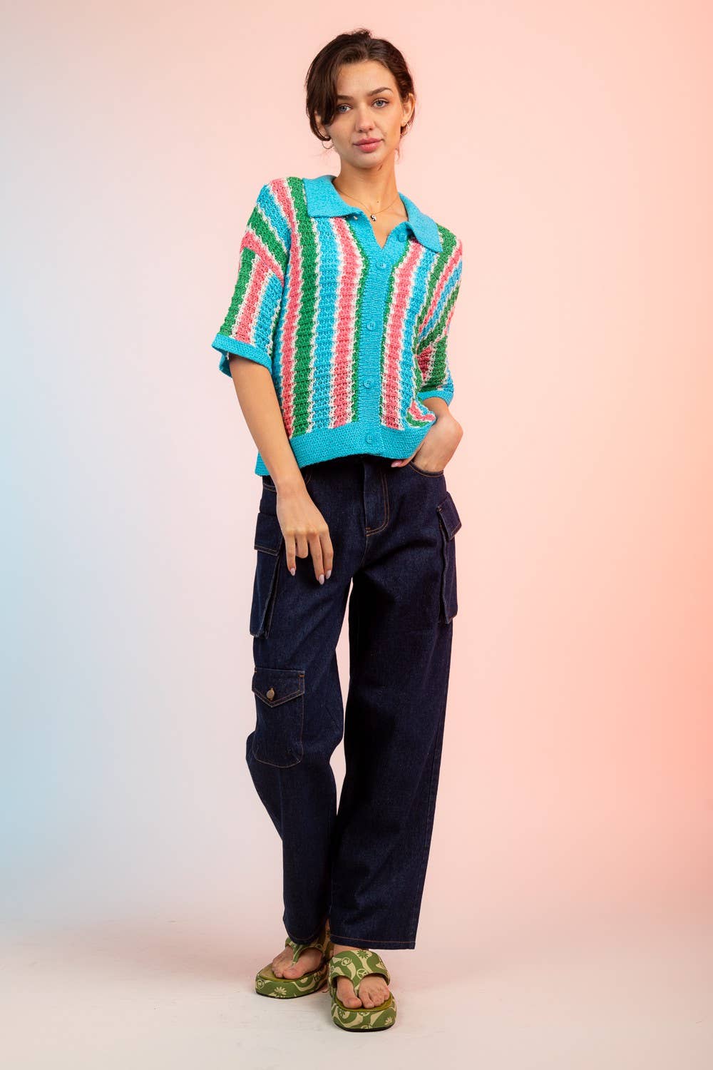 12W2678L-Multi-Stripe Buttoned Summer Sweater