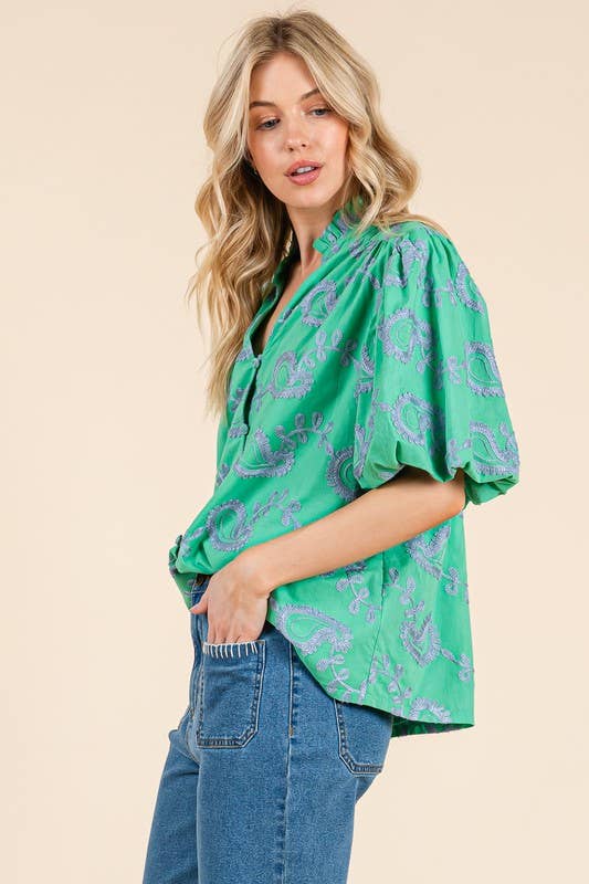 Plus Paisley Embroidered Button-Up Blouse, MT51230PL