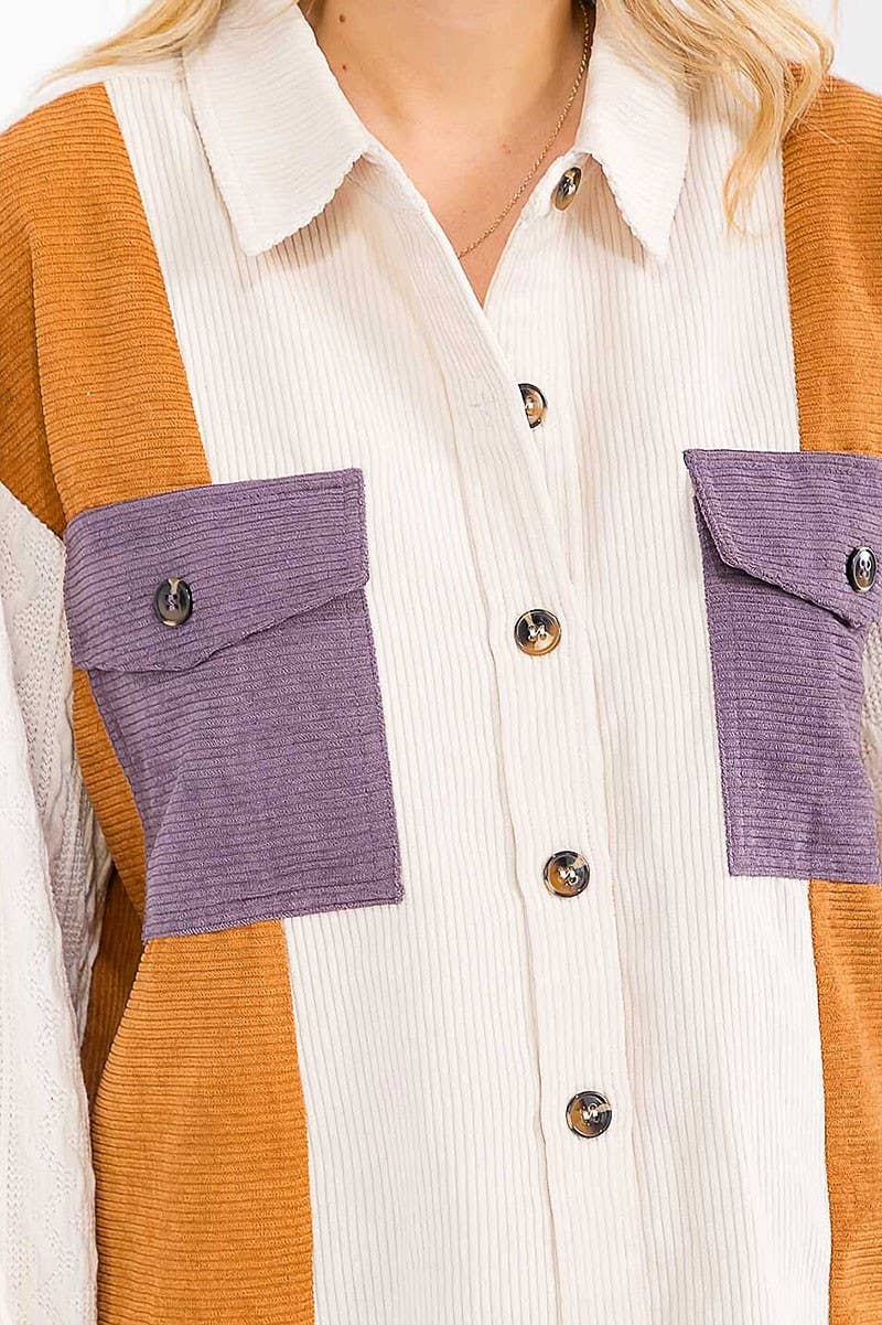 BUTTON UP FRONT POCKET COLORBLOCK CORDUROY TOP