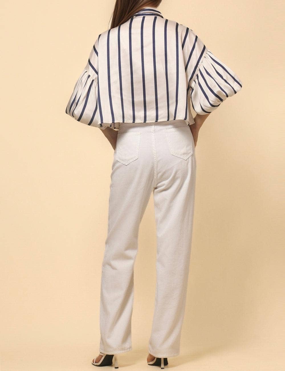 Ladies Lantern Sleeve Striped Short Shirt