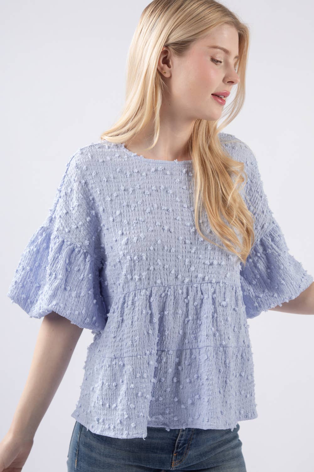 NT11457-Crinkle Pom Pom Knit Puff Sleeve Babydoll Top
