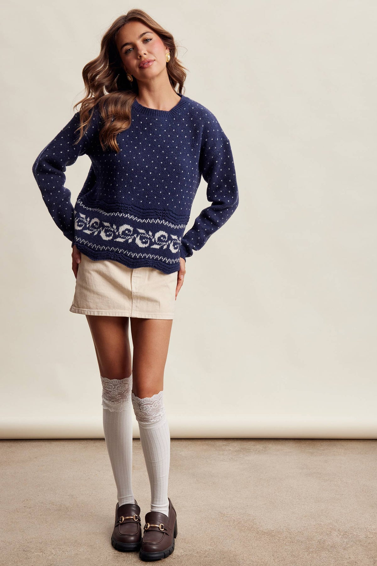 Swiss Dot Border Knit Sweater LSW1092