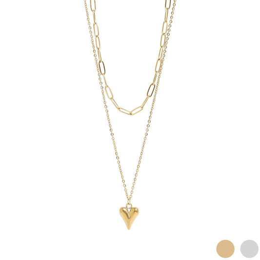 18K Gold PVD Stainless Steel Loop and Paperclip Layered Chain Heart Charm Necklace
