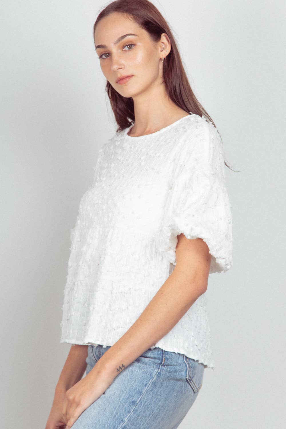 NT11457-Crinkle Pom Pom Knit Puff Sleeve Babydoll Top