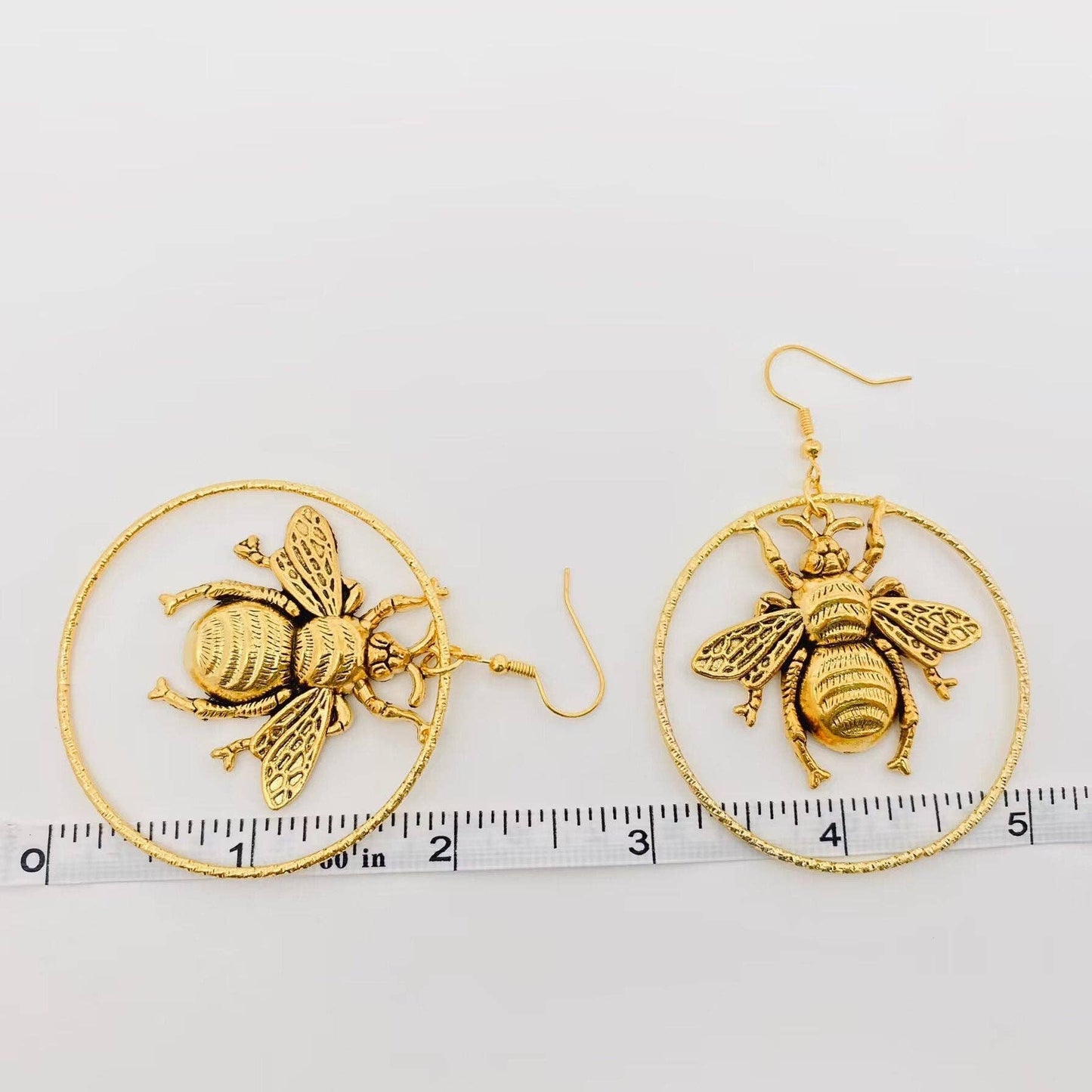 Golden Big Bee and Ring Pendant Earrings