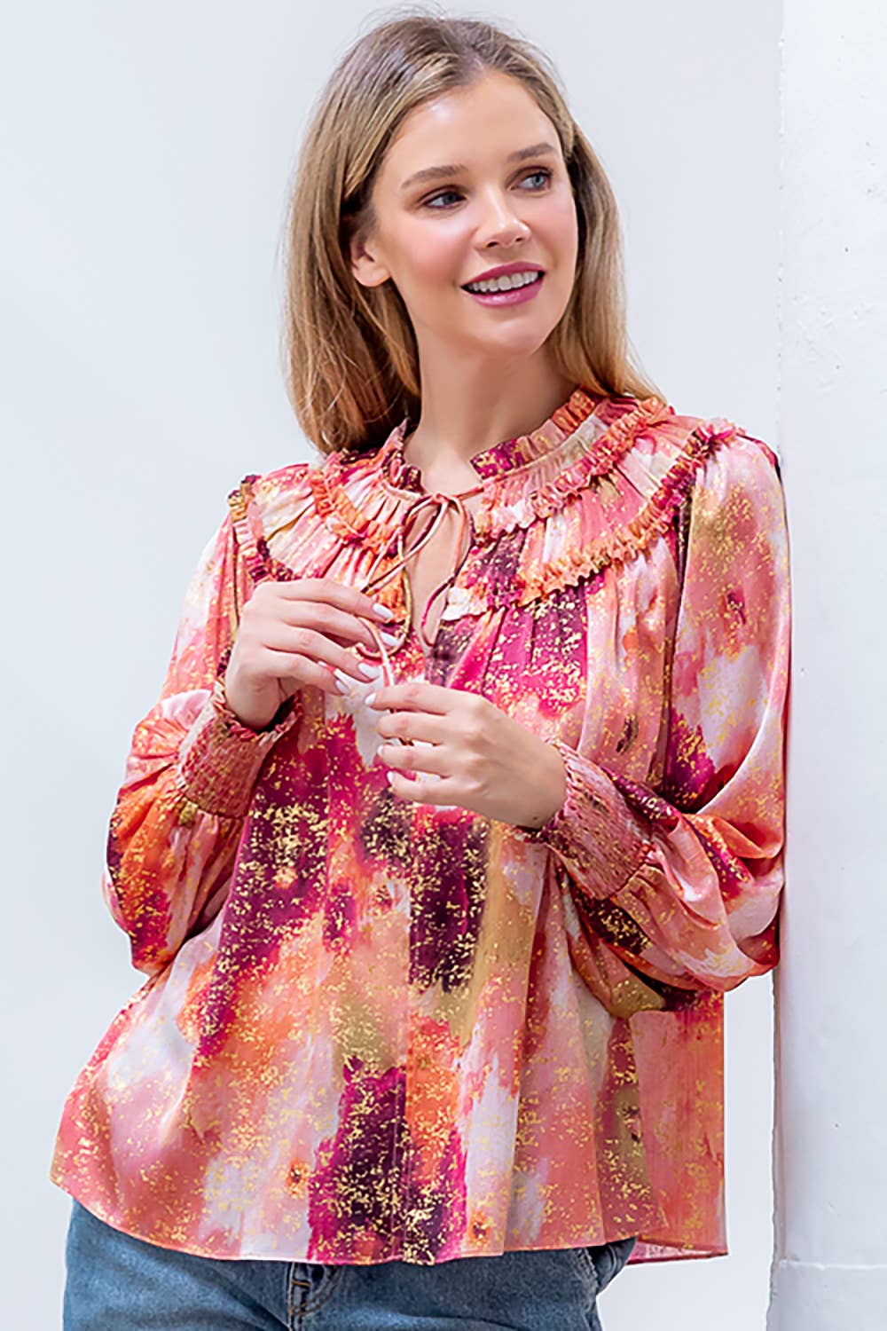 HT28064T-FLOWY BLOUSE WITH NECK TIE & SMOCKING DETAIL