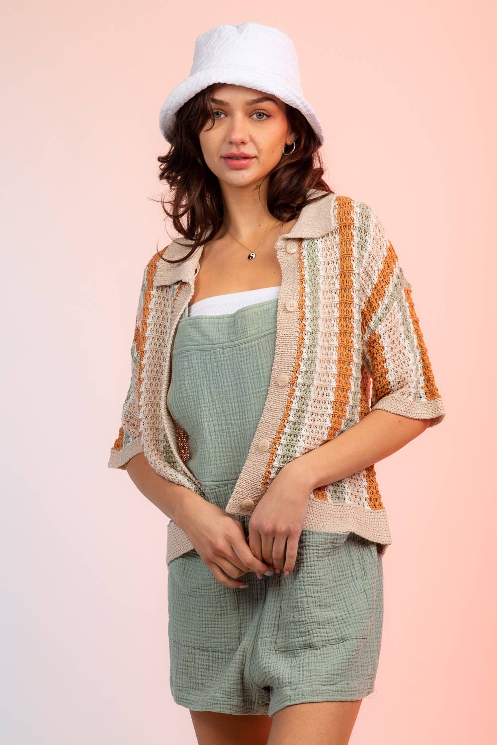 12W2678L-Multi-Stripe Buttoned Summer Sweater