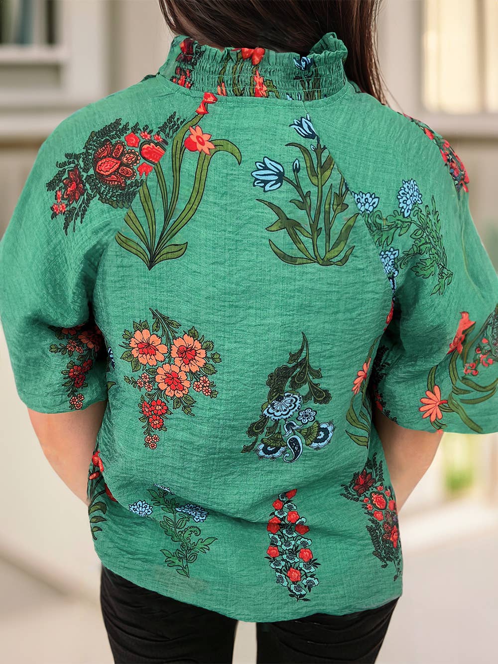 Floral Print Buttoned V Neck Short Sleeve Blouse