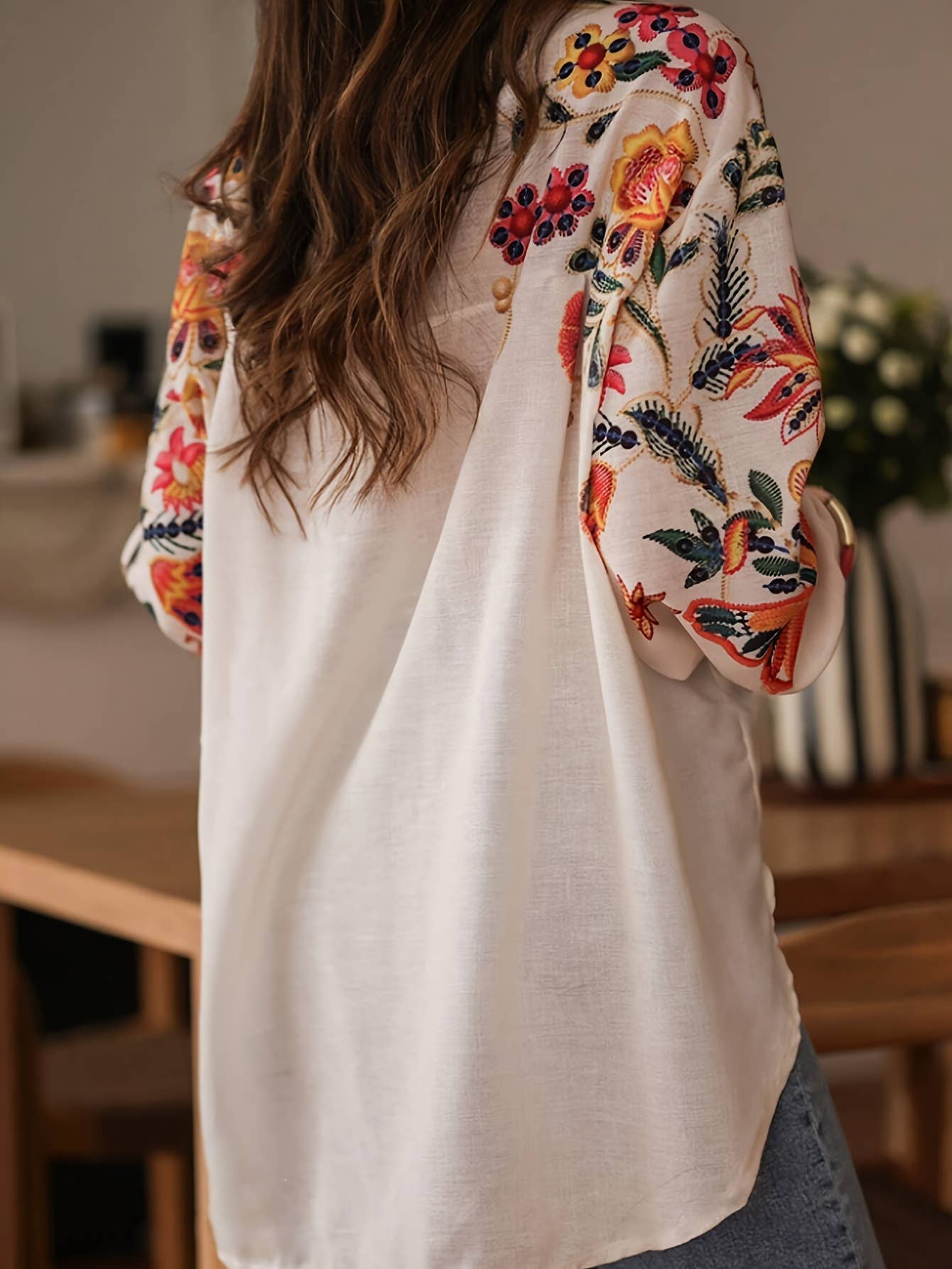 Botanical Print Loose Lapel Long Sleeve Casual Shirt