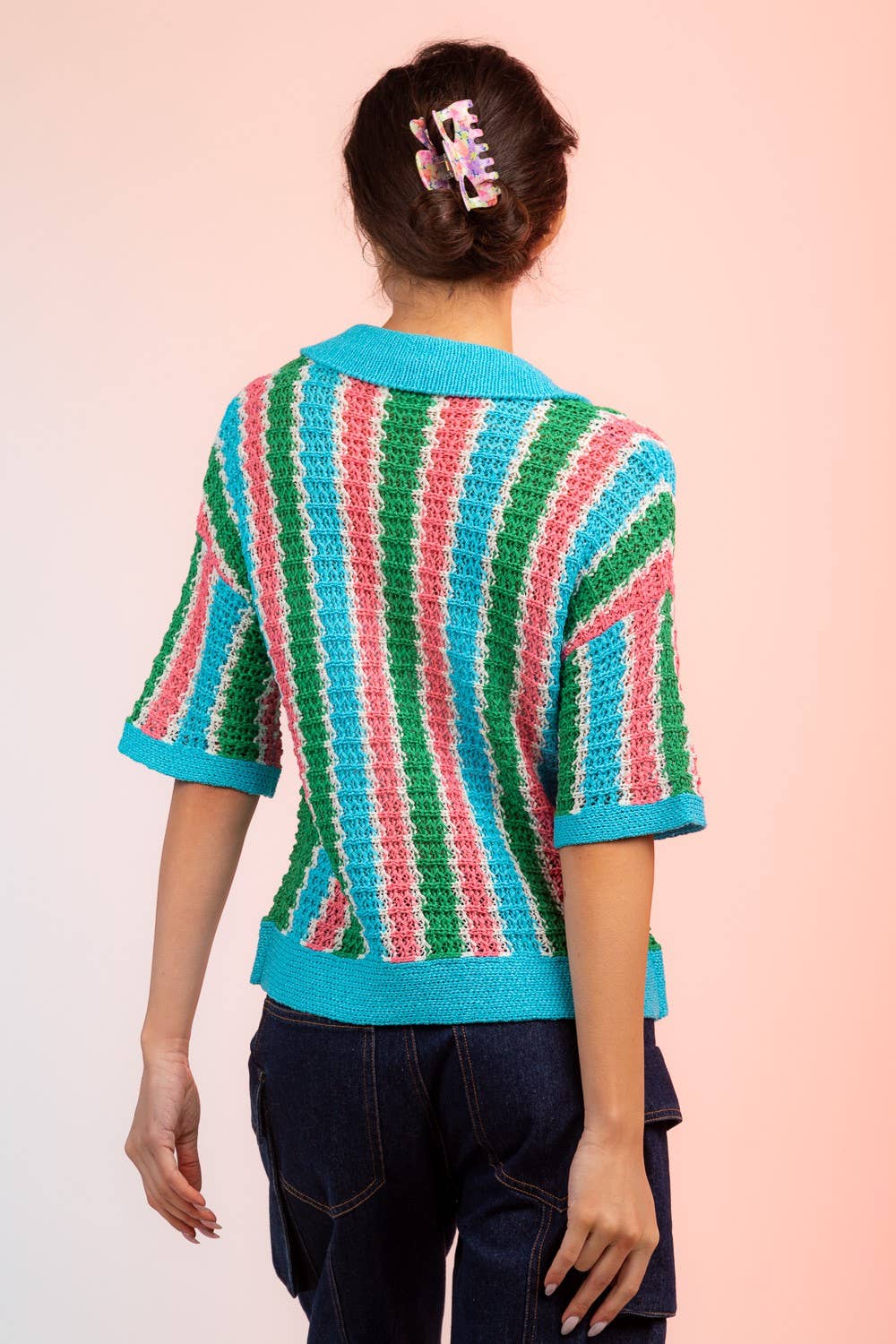 12W2678L-Multi-Stripe Buttoned Summer Sweater