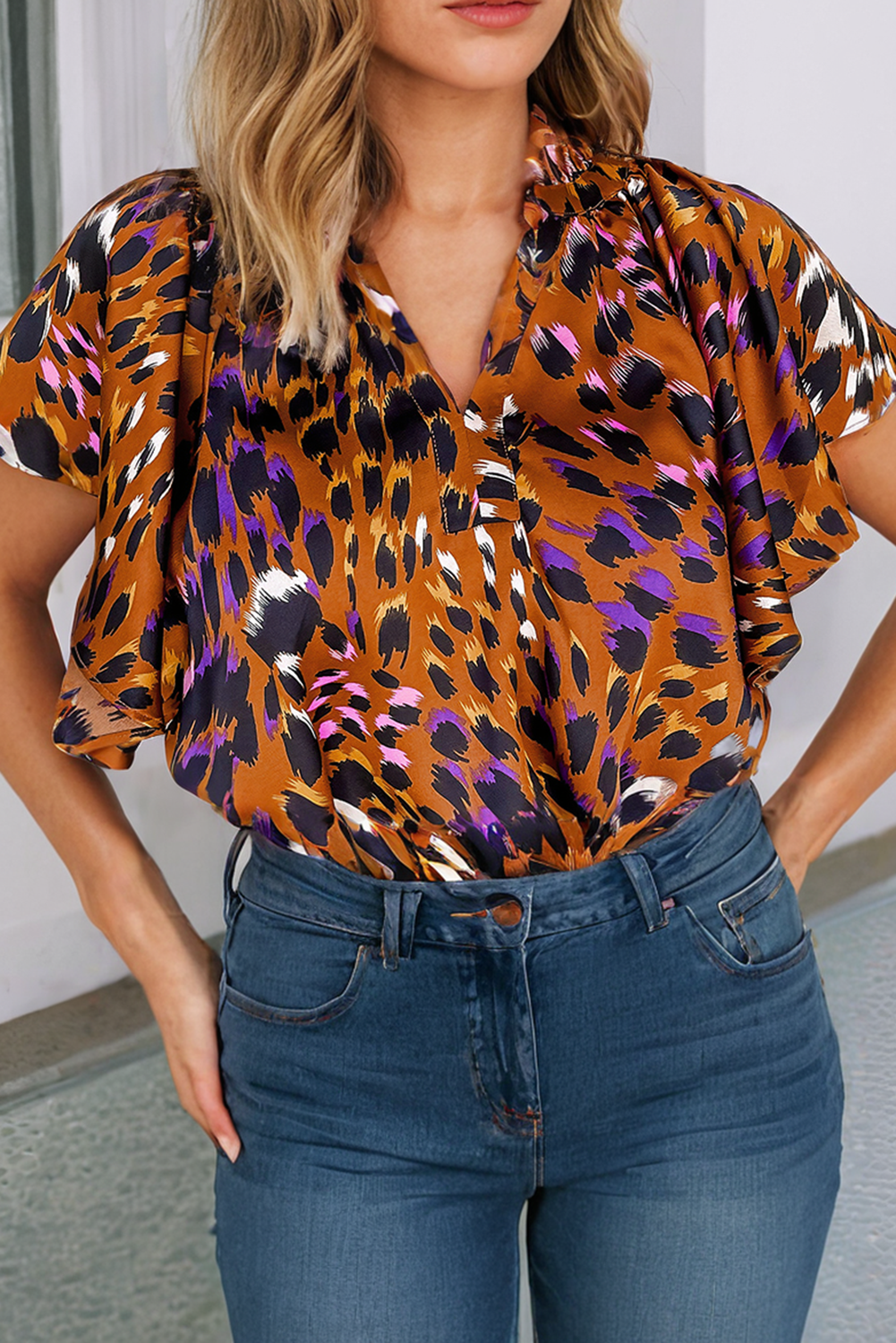 LDC Leopard Printed Draped Short Sleeve Slit V Neck Blouse