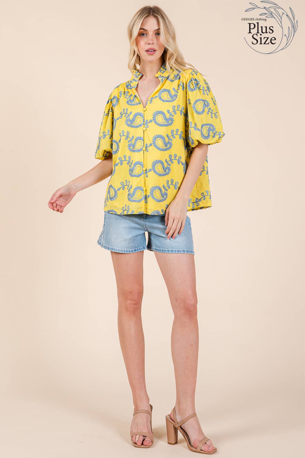 Plus Paisley Embroidered Button-Up Blouse, MT51230PL