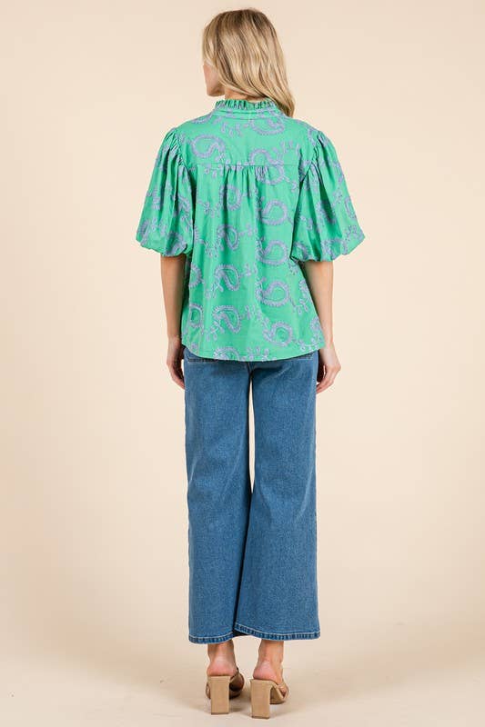 Plus Paisley Embroidered Button-Up Blouse, MT51230PL