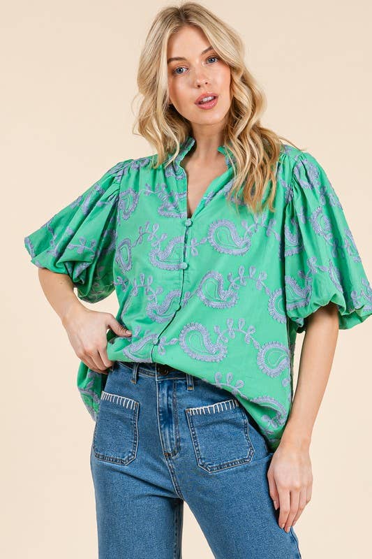 Plus Paisley Embroidered Button-Up Blouse, MT51230PL