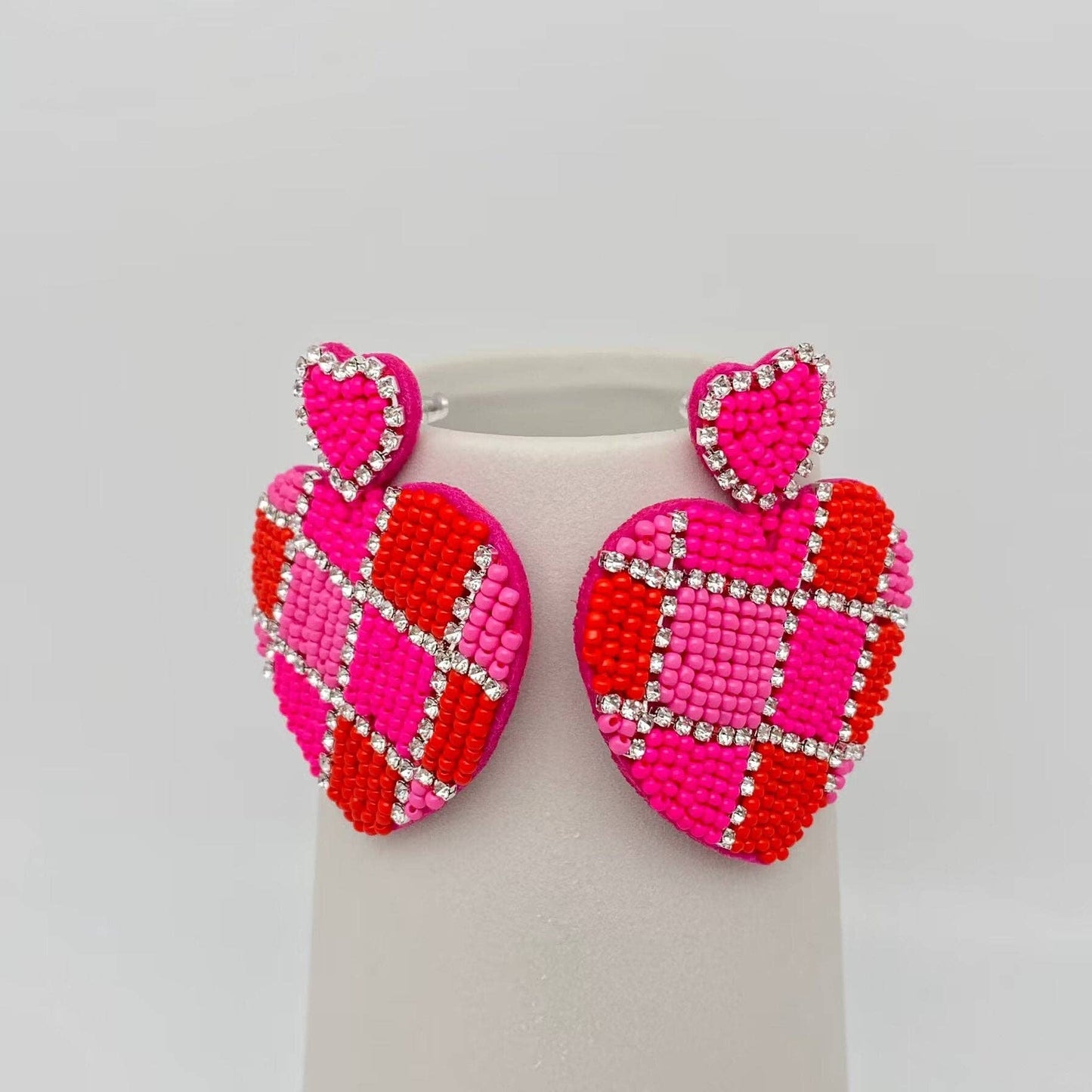 Rhinestone & Beads Hand Woven Heart Charm Earrings