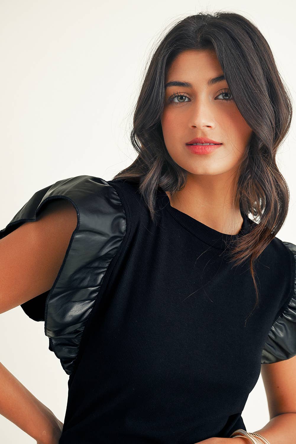 LDC Leather Ruffle Shoulder Plain Blouse