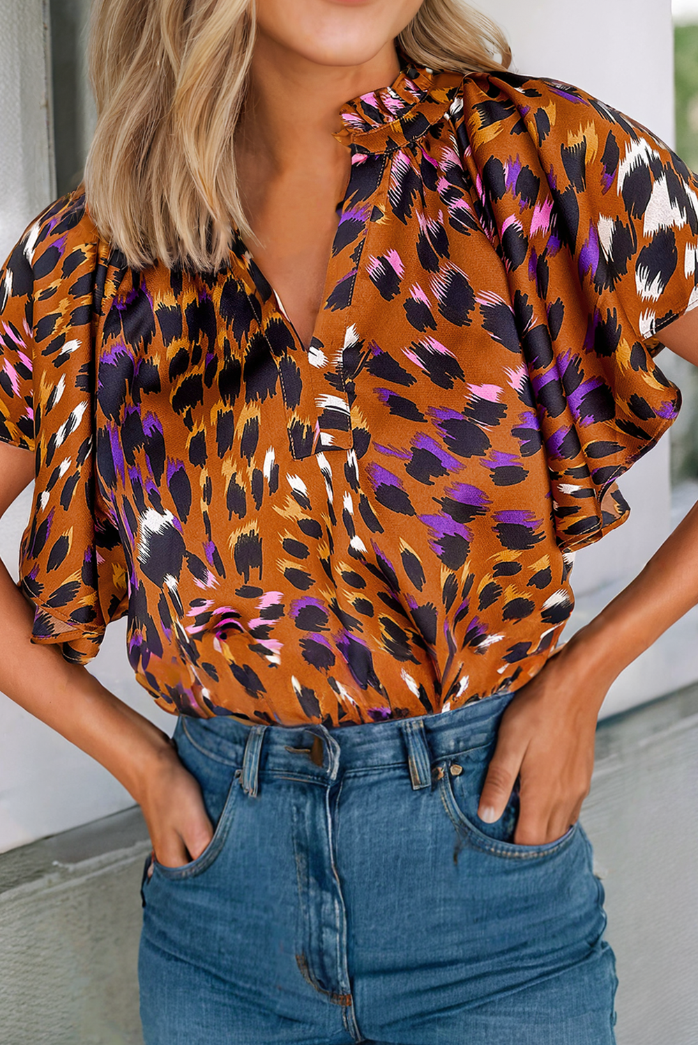 LDC Leopard Printed Draped Short Sleeve Slit V Neck Blouse