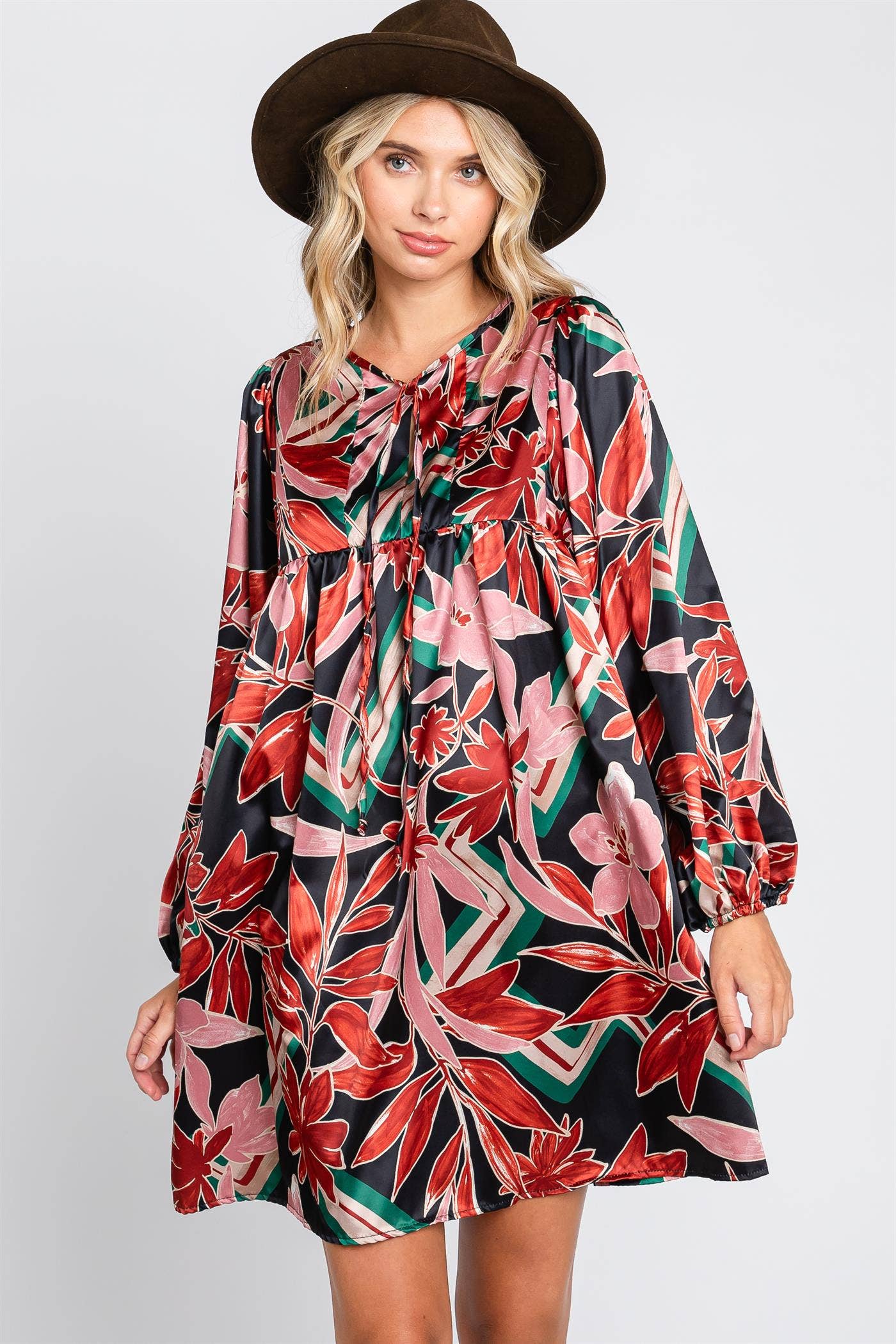 Floral Satin Babydoll Mini Dress, WD61032